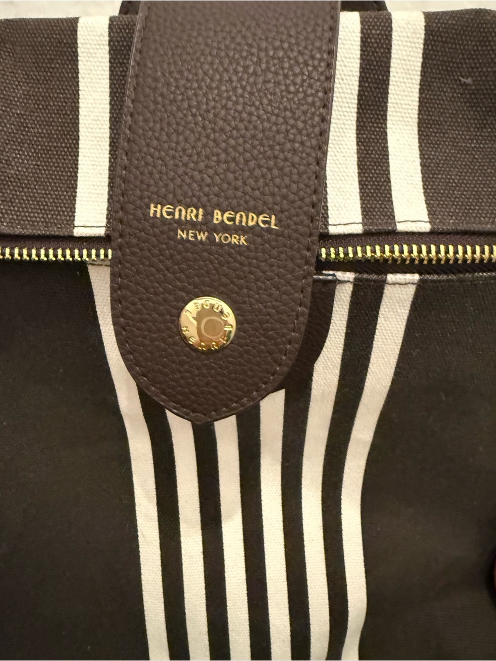 henri bendel Brown and White Striped Canvas Duffel